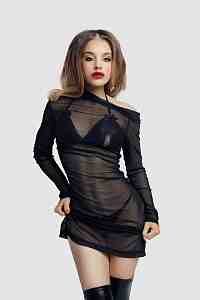 Комплект Glossy Sheril платье сетка, лиф и трусики из материала Wetlook, черный