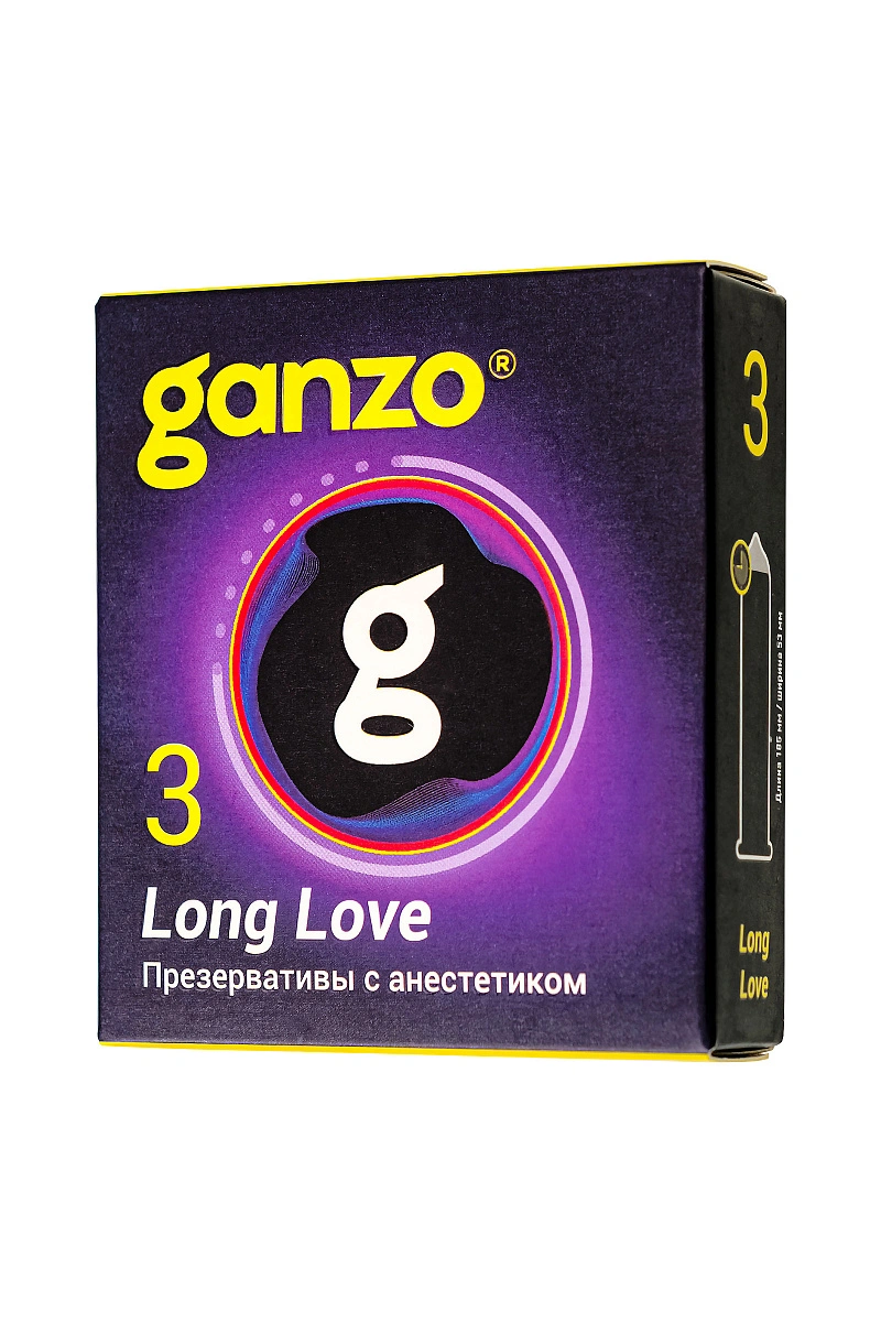 Презервативы Ganzo, long love, латекс, анестезирующий, 18 см, 5,2 см, 3 шт.