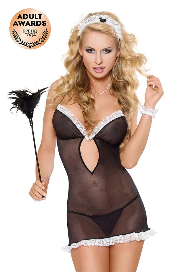 Костюм горничной SoftLine Collection Serving (комбинация,стринги,головной убор,манжеты), черный