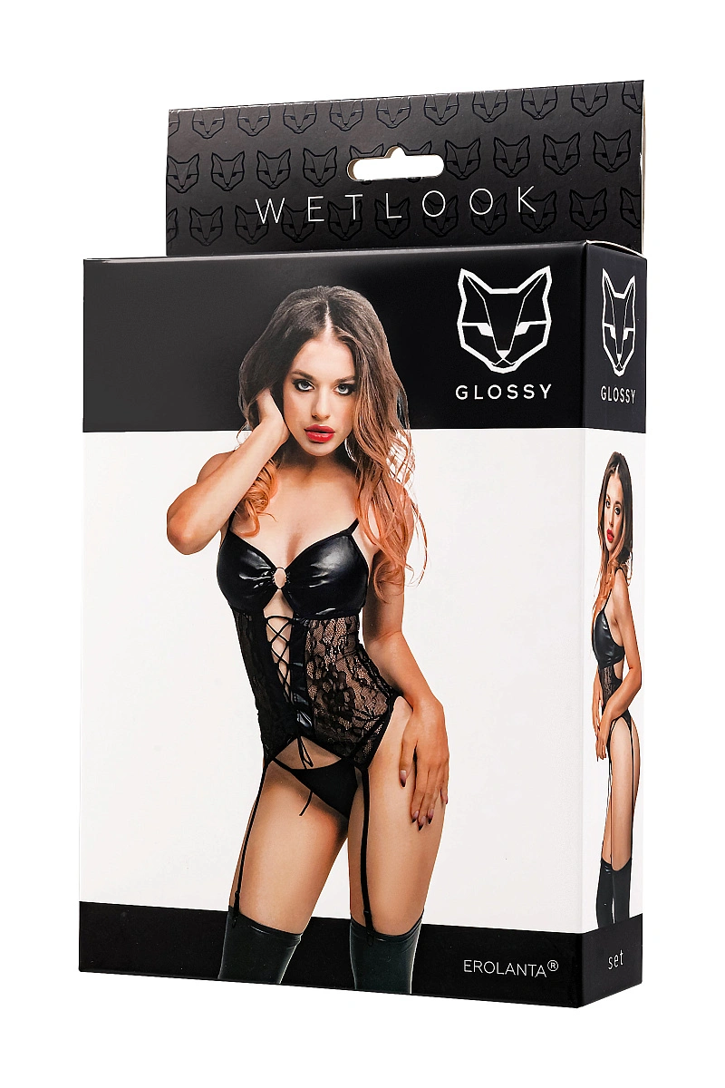 Комплект Glossy Miriam топ на шнуровке и трусики из материала Wetlook, черный