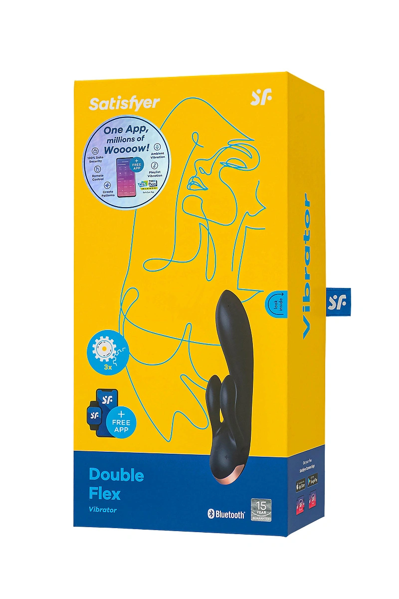 Вибратор с клиторальным стимулятором Satisfyer Double Flex Connect App, черный, силикон, 20 см