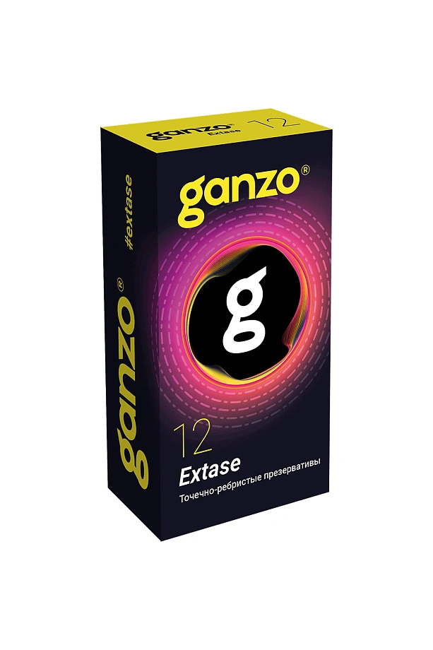 Презервативы Ganzo, extase, латекс, точечные, ребристые, анатомичные, 18 см, 5,2 см, 12 шт.