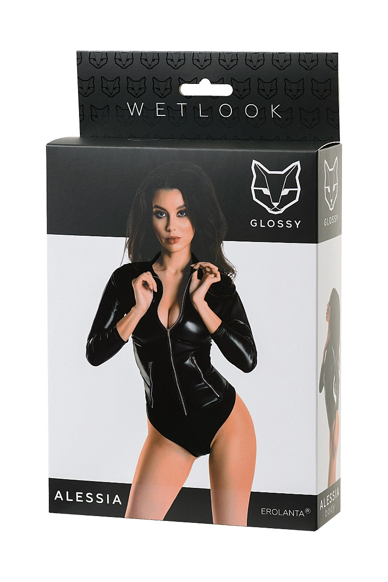 Боди Glossy Alessia из материала Wetlook на молнии, черное, XL