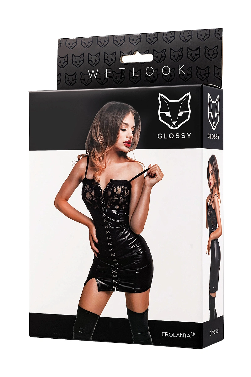 Платье Glossy Nelly с кружевом из материала Wetlook, черное
