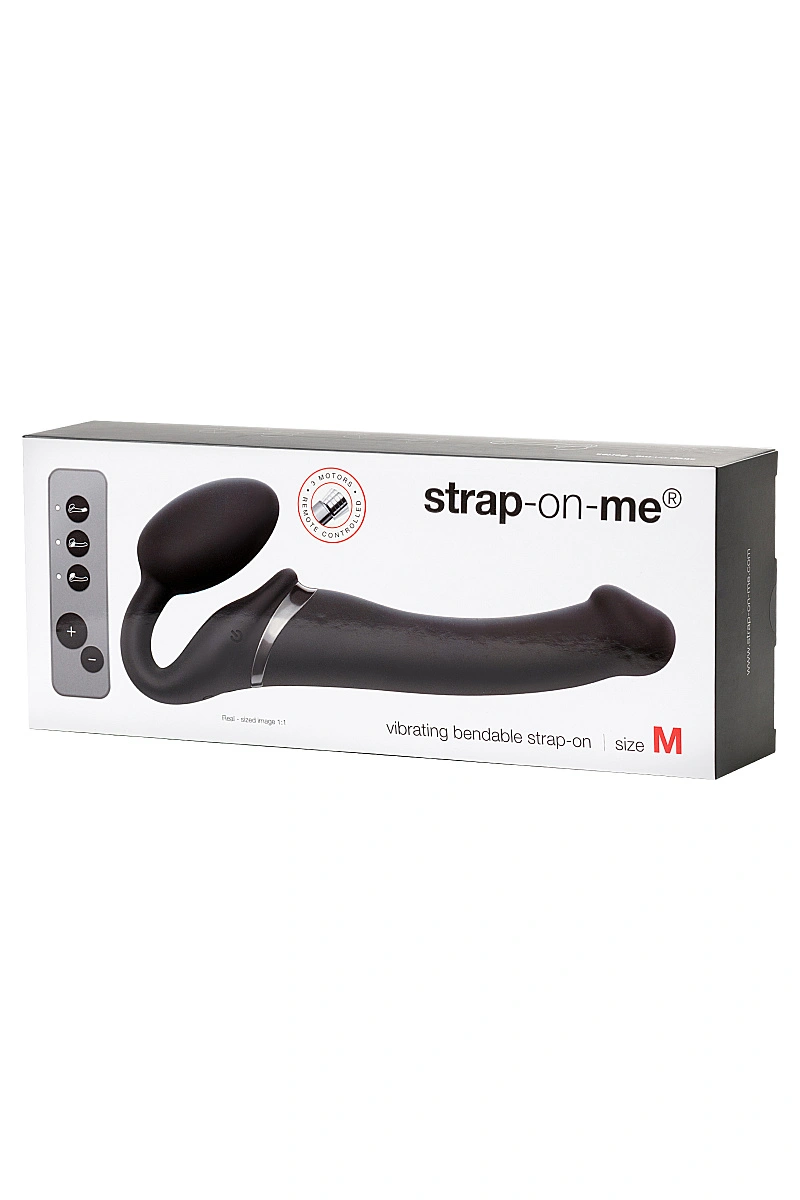 Безремневой нереалистичный страпон Strap-on-me с вибрацией, M, силикон, черный, 24,5 см