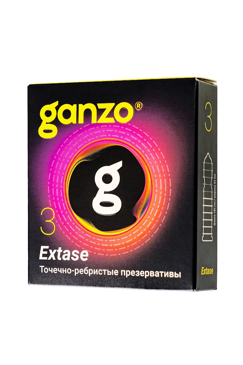 Презервативы Ganzo, extase, латекс, точечные, ребристые, анатомичные, 18 см, 5,2 см, 3 шт.