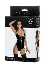 Боди Glossy KATHERIN из материала Wetlook на шнуровке, черное