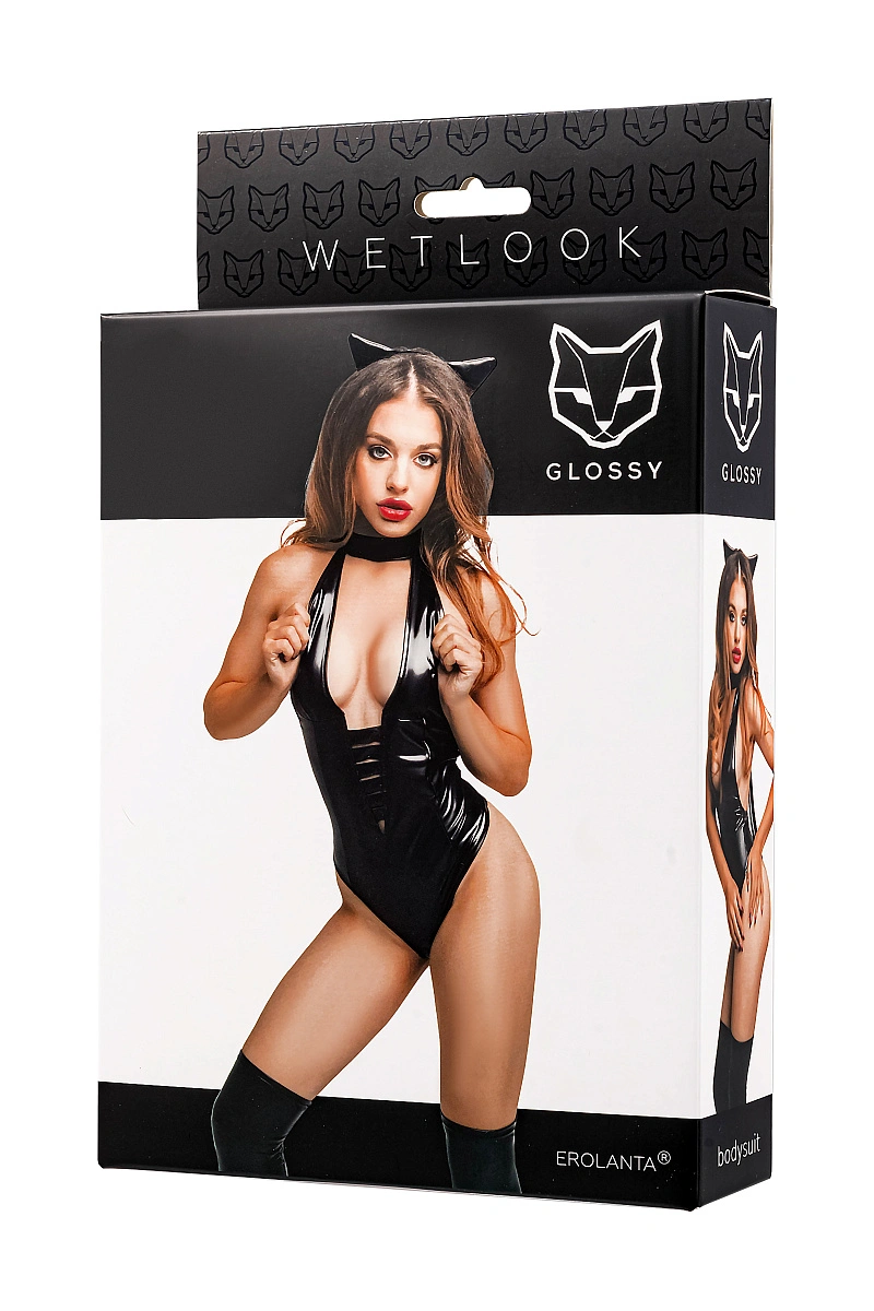 Боди Glossy Kitti с ушками на ободке из материала Wetlook, черное