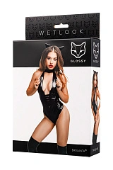 Боди Glossy Kitti с ушками на ободке из материала Wetlook, черное