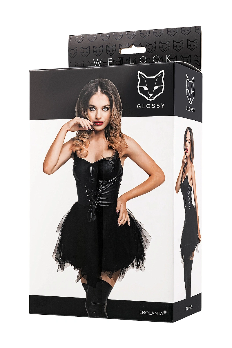 Платье Glossy Elisia с пышной юбкой из материала Wetlook, черное