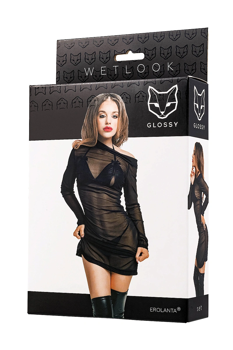 Комплект Glossy Sheril платье сетка, лиф и трусики из материала Wetlook, черный