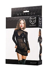 Комплект Glossy Sheril платье сетка, лиф и трусики из материала Wetlook, черный